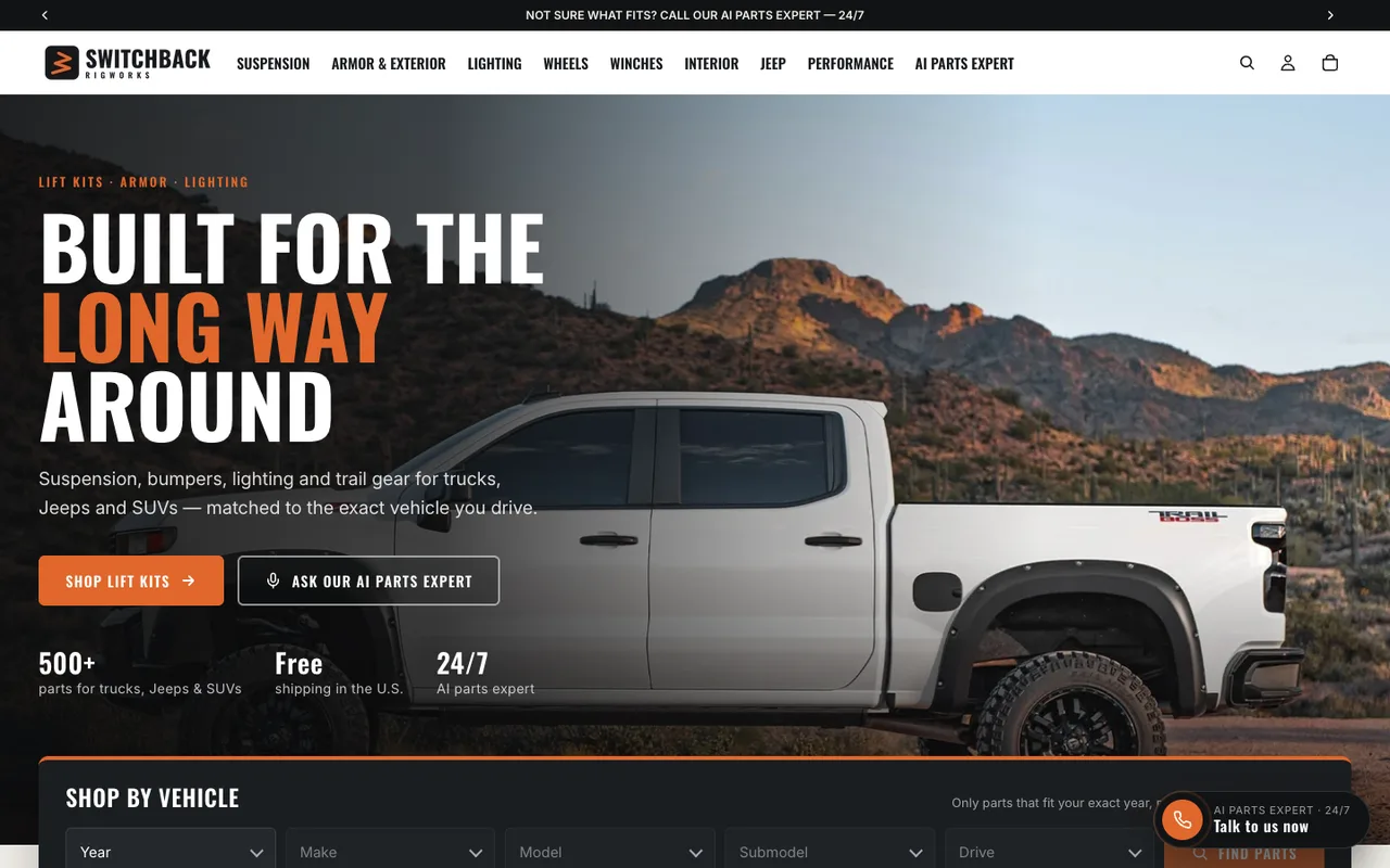 Switchback Rigworks demo store home page with the “Talk to us now” AI parts expert button in the corner